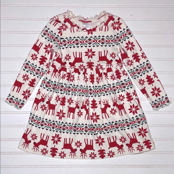 HANNA ANDERSSON EUC Christmas Reindeer Fair Isle Lettuce Trim Long Sleeve Dress - Picture 1 of 1